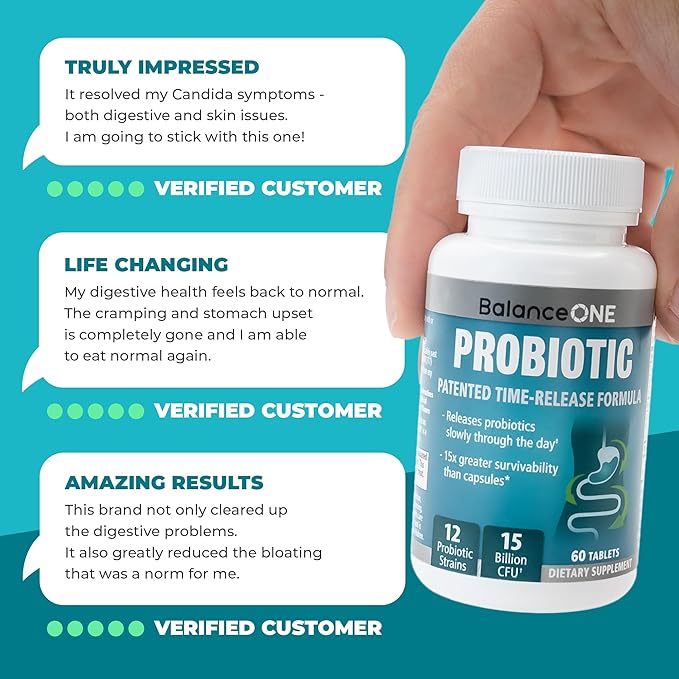 Balance ONE Probiotics for Women & Men – 15x Better Survivability vs Capsules – 15 Billion CFU Probiotic for Gut Health – 12 Strains Lactobacillus Plantarum, Acidophilus & Salivarius – 60 Tablets