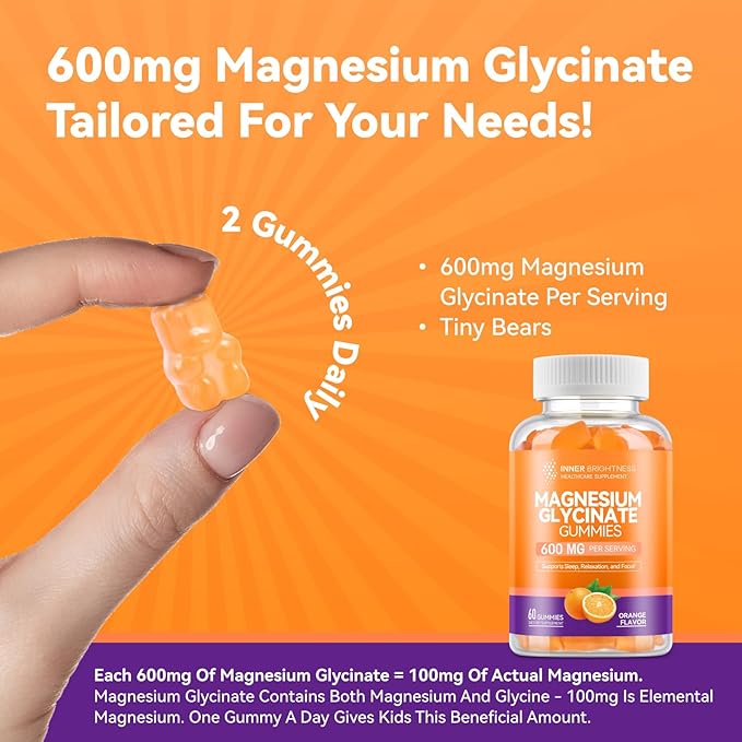 Magnesium Glycinate Gummies 600mg, Non-GMO, Gluten-Free, Magnesium Gummies for Adults & Kids, Sleep, Relaxation & Focus, Orange Flavor, 60 Count