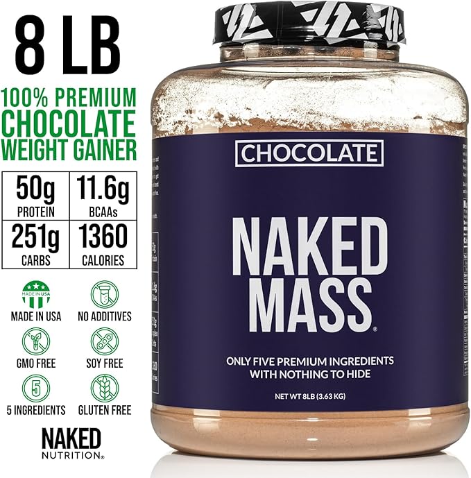 NAKED Chocolate Mass Gainer - All Natural Weight Gainer Protein Powder - 8lb Bulk, GMO Free, Gluten Free & Soy Free. No Artificial Ingredients - 1,360 Calories