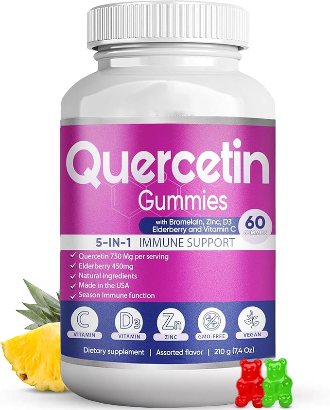 BIO VITALICA Quercetin Gummies by BioVitalica - Quercetin with Bromelain Vitamin C and Zinc & Elderberry + Vitamin D3-5 in 1 Immune Support - Zinc Quercetin 750 mg for Kids and Adults (1)