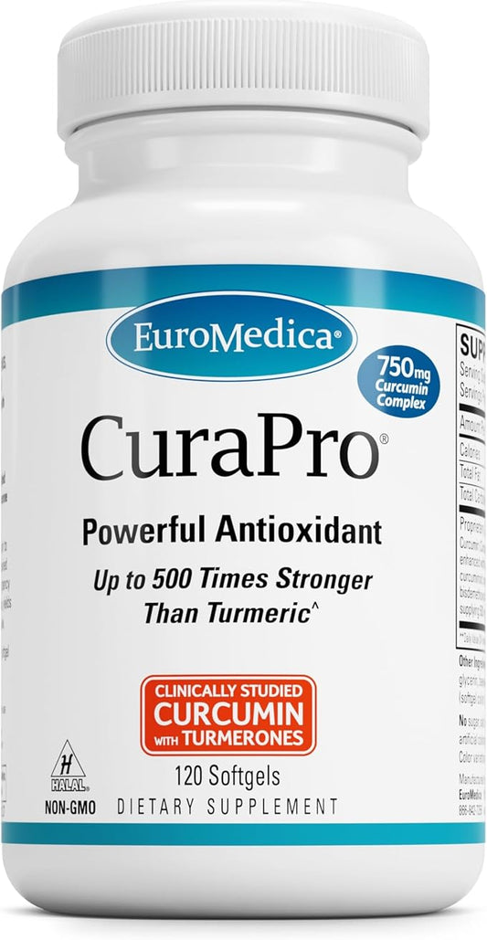 Euromedica CuraPro - Antioxidant Supplement for Brain & Heart Health Support - Dietary Supplement with High-Potency Curcumin Complex - Kidney, Liver & Immune Health Support - 120 Softgels