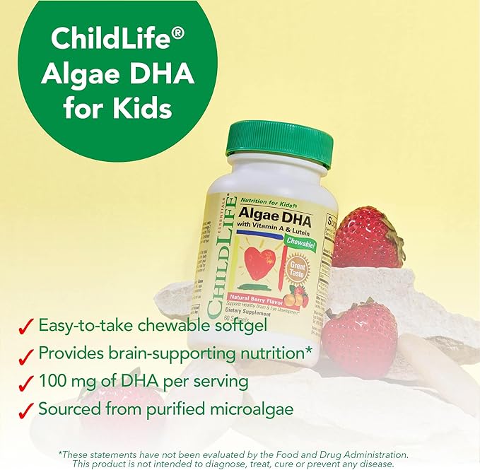 ChildLife Essentials Algae DHA for Kids - Omega 3 Supplement & Fish Oil Alternative - Algae Oil for Toddlers & Children - Natural Berry Flavor, 60 Chewable Softgels
