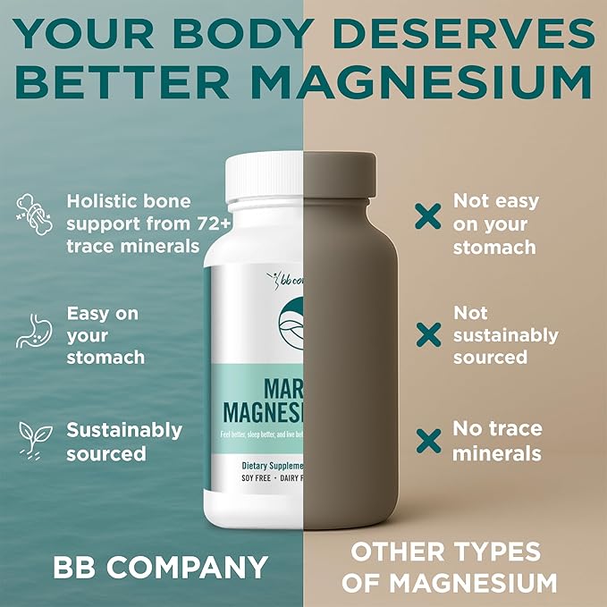 Ocean Magnesium 200mg Aquamin | More Soluble Than Magnesium Glycinate | Whole Food Mag B6 Supplement for Women | Gentle on Stomach & Vegan | Sleep Support, Calms Nerves & Leg Cramps | 60 Ct