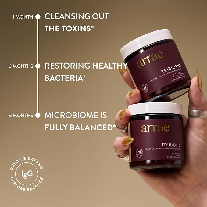 Arrae Tribiotic, Probiotics for Women, Support for Vaginal pH Balance, Gut, Immune, and Feminine Health, Prebiotics, Probiotics, Postbiotics, 60 Count