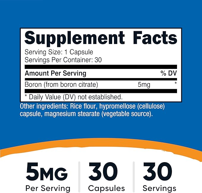 Nutricost Boron Capsules 5mg, 30 Vegetarian Capsules - Gluten Free and GMO Free