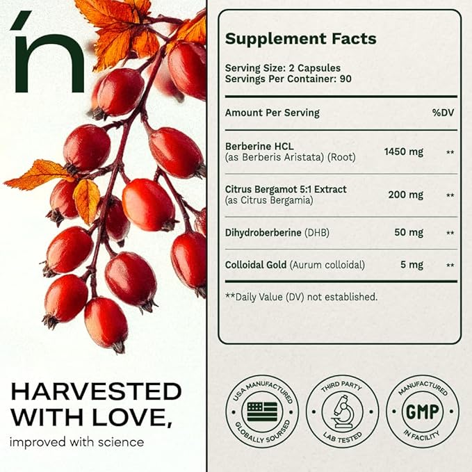Berberine Supplement 1500mg, Ultra High Potency Berberine Complex with Citrus Bergamot, Colloidal Gold & Berberine Hcl, Dihydroberberine Supplement, 180 Veggie Capsules