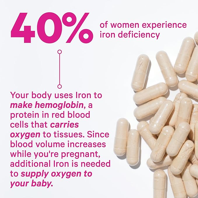 Pink Stork Prenatal Iron Supplement for Women - 18 mg Non-Constipating Iron & Vitamin C for Pregnancy, Postpartum, & Breastfeeding - Focus, Fatigue, & Blood Cell Production - 2 Month Supply