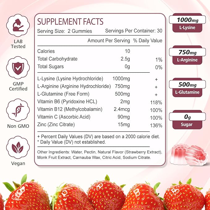 1000mg L-Lysine Gummies, Lysine Gummies Supplement for Adults & Kids, Essential Amino Acid with L-Arginine, L-Glutamine, Vitamin for Lip & Skin, Immune, Calcium Absorption, Strawberry Flavor, 60Ct
