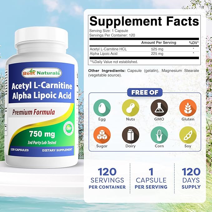 Best Naturals Acetyl L-Carnitine and Alpha Lipoic Acid 750 mg 120 Capsules (120 Count (Pack of 3))