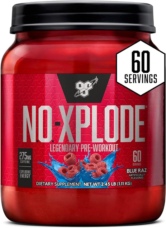 BSN N.O.-XPLODE Pre Workout Powder, Energy Supplement for Men and Women with Creatine and Beta-Alanine, Flavor: Blue Raz, 60 Servings