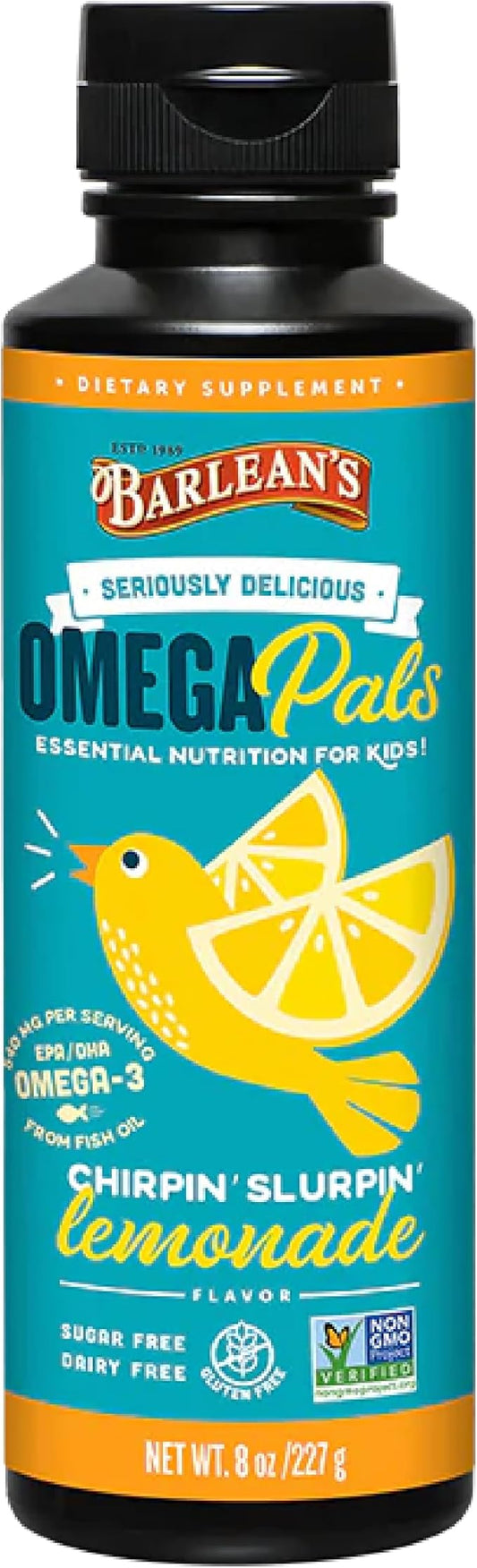 Barlean's Omega Pals Chirpin' Slurpin' Omega 3 for Kids, Yummy Lemonade Flavored Children's Liquid Fish Oil Supplement with 540 mg of EPA and DHA for Brain and Eye Health, 8 oz