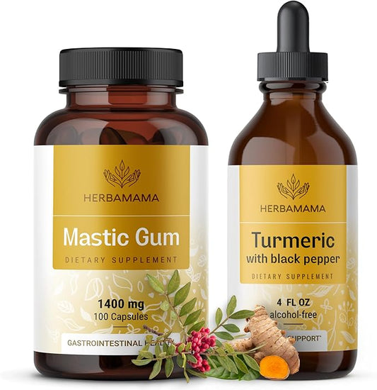 HERBAMAMA Mastic Gum and Turmeric Kit - Bundle of 1400 mg Mastic Gum Capsules & Turmeric Curcumin Tincture 4 fl oz - Vegan, Non-GMO, Sugar & Alcohol-Free - 2 Pack