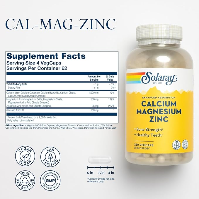 SOLARAY Calcium Magnesium Zinc Supplement - with Calcium 1000mg, Magnesium 500mg - Bone Health, Muscle Function, Heart Health and Immune Support - Vegan, 60 Day Guarantee, 62 Servings, 250 VegCaps