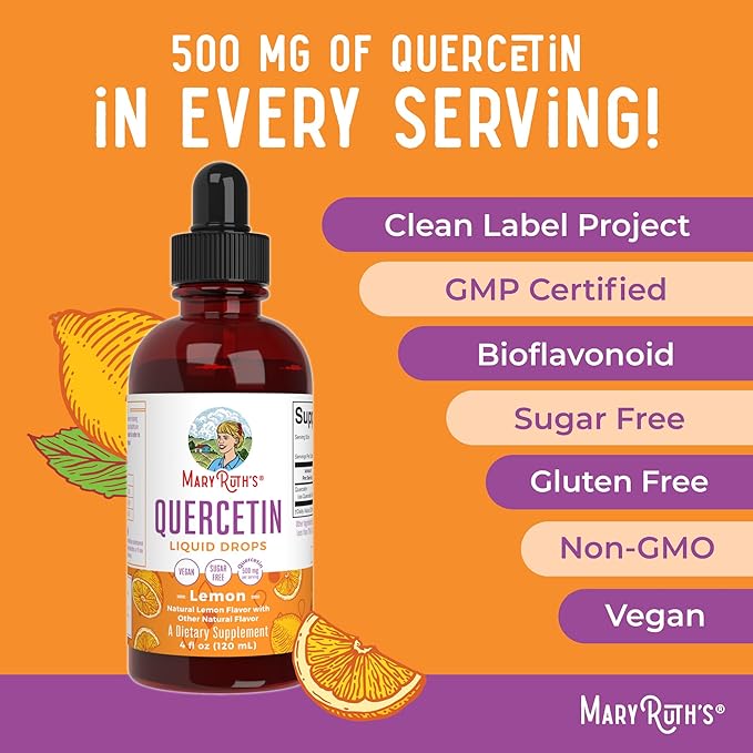 Quercetin Liquid Drops by MaryRuth's | Sugar Free | Liquid Quercetin 500mg for Adults & Kids | Cardiovascular Health for Adults | Bioflavonoid | Vegan | Non-GMO | Gluten Free | 4 Fl Oz