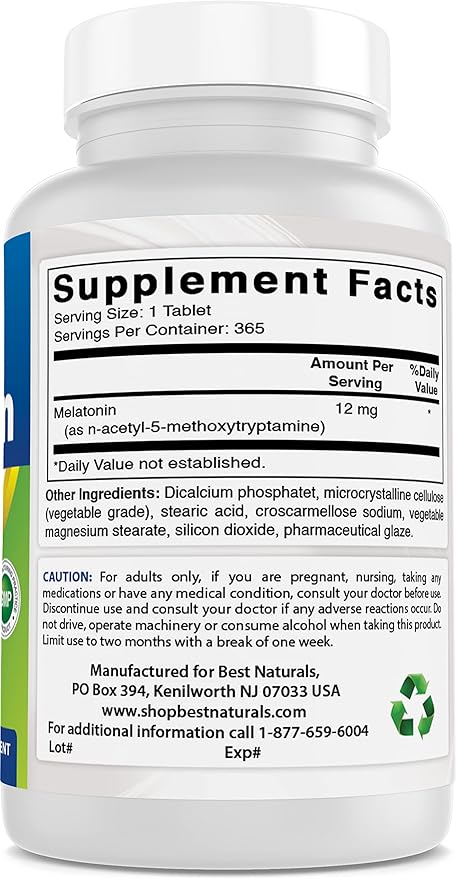 Best Naturals Melatonin 12 mg (1 Year Supply) - Drug-Free Nighttime Sleep Aid - Melatonin for Sleep and Relaxation, 365 Count (365 Count (Pack of 3))