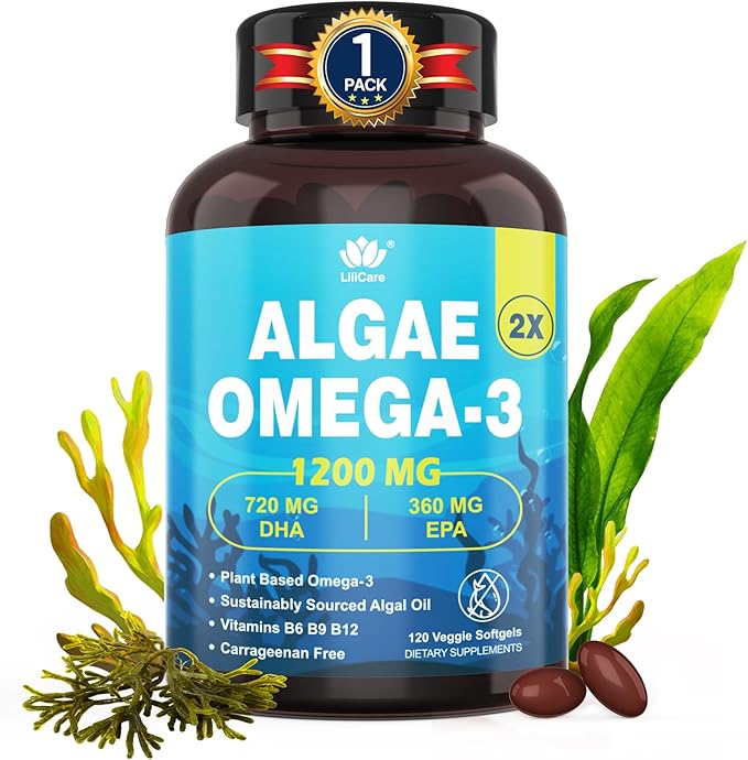 Fish Oil Alternative 1200mg, Omega-3 Supplement for Women Men, Vegan Algae Oil Science Backed 2:1 Ratio DHA 720mg EPA 360mg, Plant Based Omega-3 Softgels for Brain Eye Immunity, No Fish Taste, 120Cts