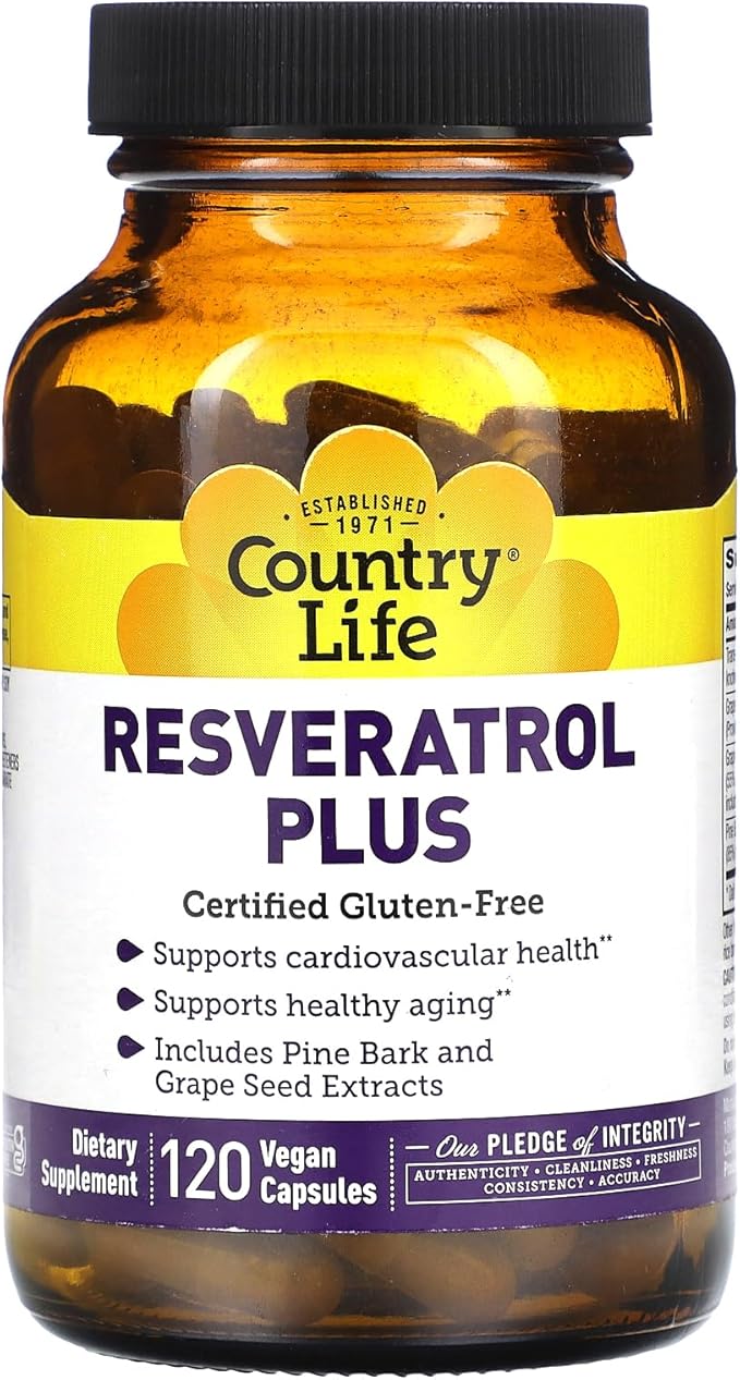 Country Life Resveratrol Plus 1000mg - Organic Antioxidant Supplement with Pine Bark & Grape Seed Extracts - Vegan, Gluten-Free, Non-GMO