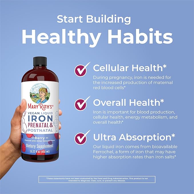 MaryRuth Organics | Liquid Iron Supplement Prenatal & Postnatal for Pregnant & Lactating | Iron Deficiency | Immune Support | Sugar/Gluten Free | Vegan | Non-GMO | 15.22 Fl Oz