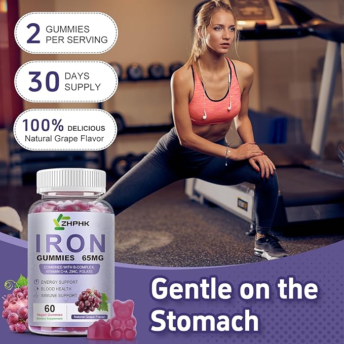Iron Supplement for Women and Men, Grape Flavored Gummies 65mg and 250mg Vitamin C & Folate for Iron Deficiency and Anemia, Energy Support & Immune Health, 60 Count