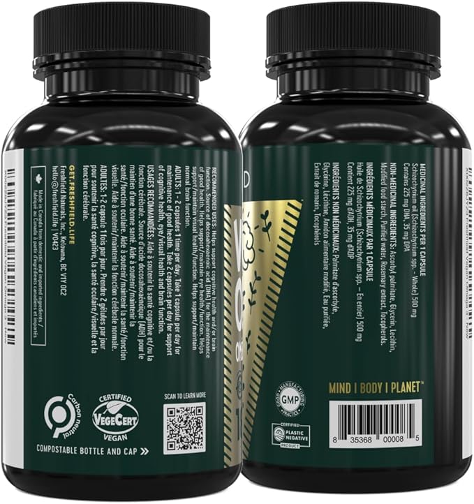 Freshfield Vegan Omega 3 DHA: Algae Oil, Carrageenan Free, Sustainably Sourced, Tested, No Heavy Metals, Replacement for Fish Oil, Carbon Neutral. Supports Heart, Brain, Joint Health w/DPA