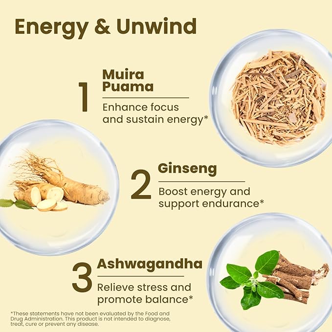 Ginseng Ashwagandha Gingko Tribulus, Herbal Supplements 60 Capsules, Adaptogen Energy Stamina Immune Antioxidants Gut Health, Made in The USA