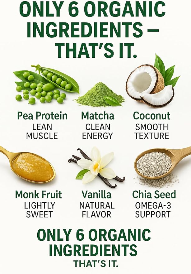 Organic Vegan Protein Powder – Matcha Flavor, Plant-Based, Gluten-Free, Non-GMO, 20g Protein Per Serving, Ideal for Smoothies, Shakes, Baking, Cooking (1 Pack, 20 Servings)