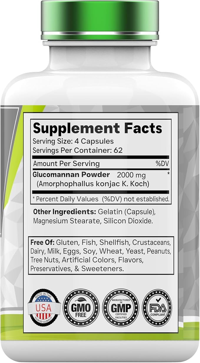 Glucomannan Capsules 2000 MG - 250 Count | Natural Konjac Root Fiber Extract Powder Supplement | Soluble, Dietary, & Digestive Fiber Pills | Produced in The USA | Non-GMO & Gluten Free