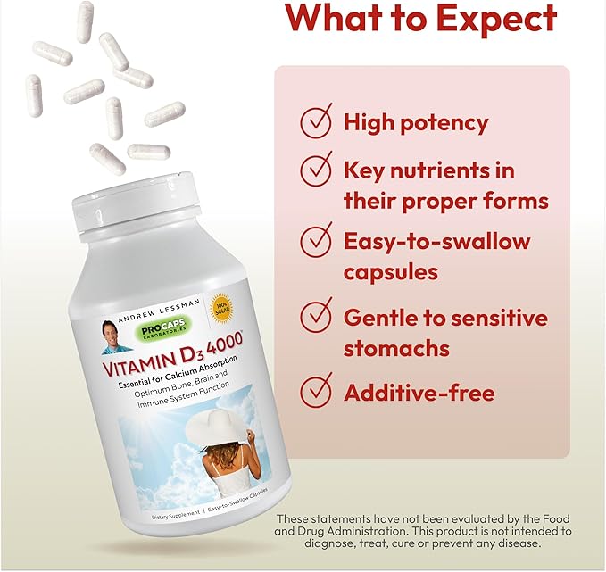 ANDREW LESSMAN Vitamin D3 4000 IU 60 Capsules - High Potency, Essential for Calcium Absorption, Supports Bone Health, Healthy Muscle Function, Immune System, More. Small Easy to Swallow Capsules