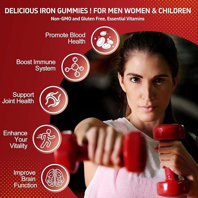 Iron Supplement Gummies for Women, Men & Kids, 65mg Iron & 250mg Vitamin C per Serving - Healthy Blood, Energy & Immune Support Iron Vitamin Gummy with Folate, 2 Pack