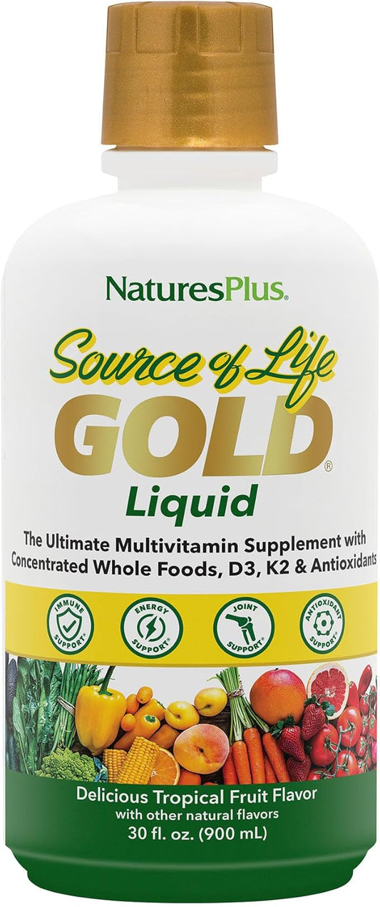 Natures Plus Source of Life Gold Multivitamin Liquid - 30 oz - Supports Energy Production, Healthy Immune System & Well-Being Includes Vitamins D3, B12, K2 & Over 120 Whole Food Nutrients, 30 Servings