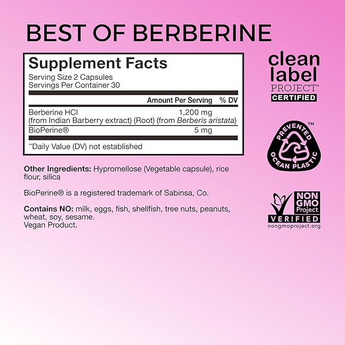 HUM Best of Berberine Supplement 1200mg - Pure Potency for Metabolic Wellness, Enhanced with BioPerine for Maximum Absorption (60 Capsules)