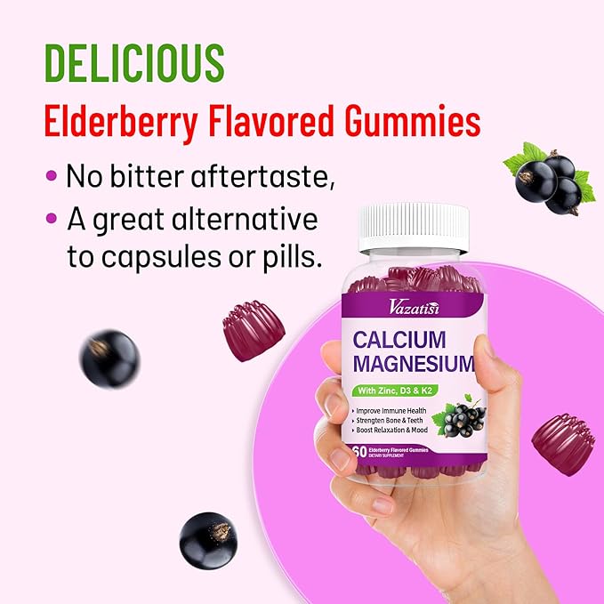 Calcium Magnesium Zinc Gummies with Vitamin D3 and K2, High Absorption Magnesium Glycinate Potassium for Immune and Muscles, Vegan Elderberry Flavor 60 Gummies
