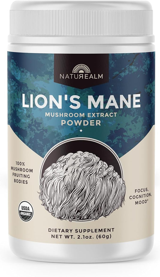 Naturealm Lion's Mane Mushroom Powder - Organic Brain Support for Focus Memory Mental Clarity - Non GMO Cognitive Function - 60 Servings