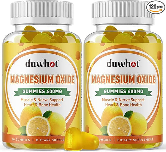 Magnesium Oxide Gummies 400mg, Magnesium Oxide Chewable Supplement for Adults & Kids, Nerve, Muscle, Bone & Heart Support, Non GMO, Pectin, Vegan, 120