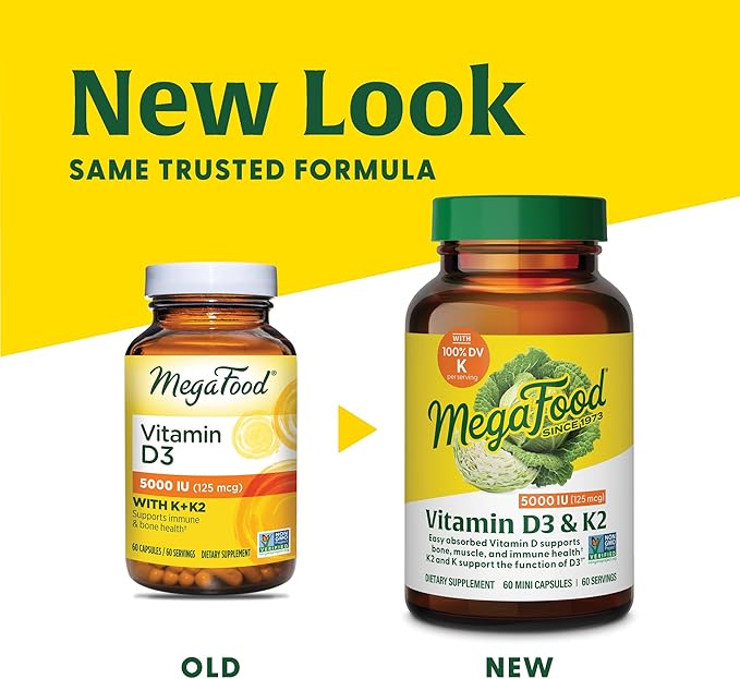 MegaFood Vitamin D3 5000 IU (125 mcg) - Vegetarian Supplements with Vitamin D3 K2 - Supports Bones, Teeth, Muscles & Immune Health - Certified Non-GMO - 120 Mini Capsules, 120 Servings