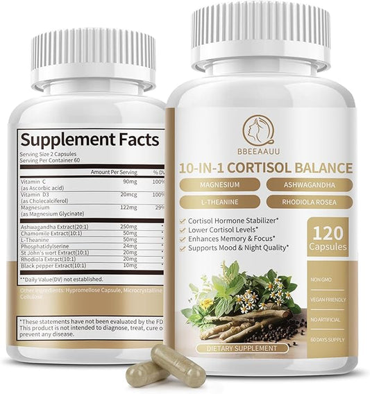 Cortisol Supplements for Women & Men - 10-in-1 Cortisol Reducer Manager Detox with Ashwagandha, Magnesium - Lower High Cortisol Levels, Relaxation & Night Support, Non-GMO, 120 Capsules