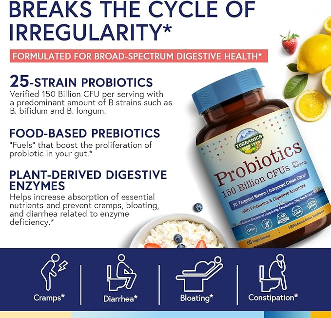 Terranics Probiotics 120 Billion with Prebiotics & Digestive Enzymes, 30 Tested Strains, Complete Digestion & Immune Support, Non-GMO, NO Soy, Dairy & Gluten, for Men and Women, 30 Veggie Capsules
