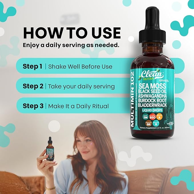 Clean Nutra Organic Sea Moss Drops Supplement | Black Seed Oil Irish Seamoss Ashwagandha Burdock Root & Bladderwrack - Multimineral Liquid Vegan for Gut Heath Energy Skin Immune Support & Hair