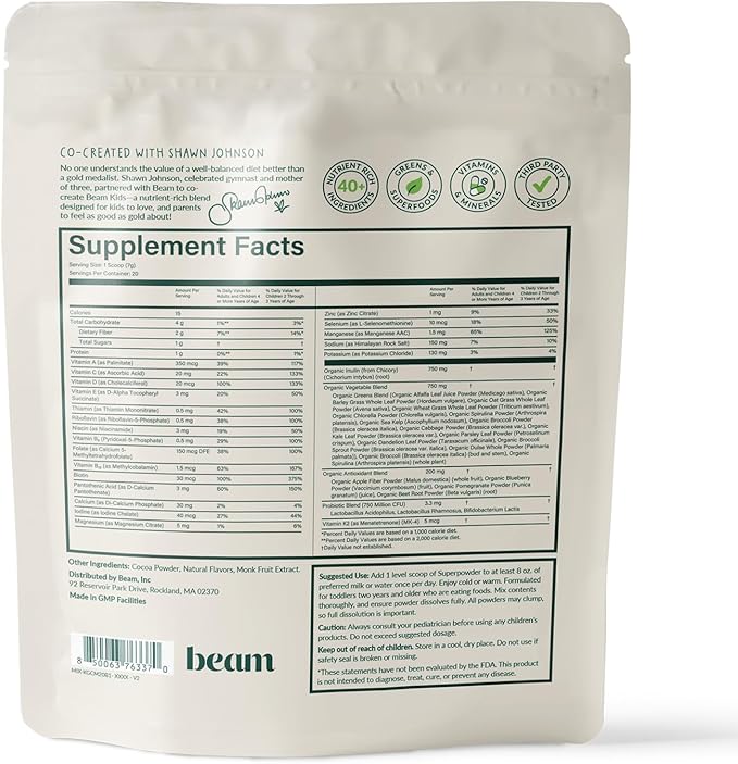 Beam Kids All in One Superfood Powder, Nutritional Shake, Organic Greens, Probiotics, Vitamins, Immune Support, Gut Health, Superfood Drink, Daily Nutrition for Children, No Artificial Sweeteners