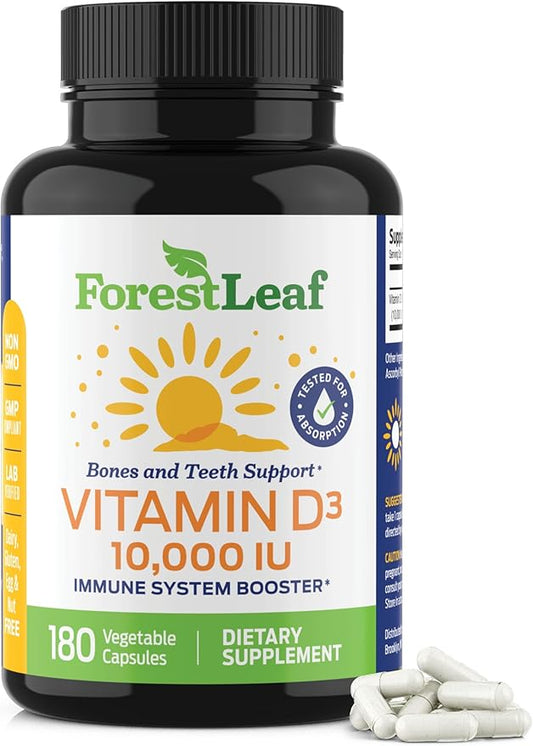 ForestLeaf Vitamin D3 10,000 IU | VIT D - VIT D3 Vitamin D Supplements for Women and Men | Bone Health, Teeth and Immune Support | Easy to Swallow Pills | High Potency Daily, 6-Month Supply, 180 Caps