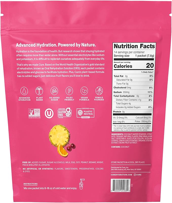 Cure Hydration | Plant-Based Electrolyte Drink Mix | No Added Sugar | FSA & HSA | Dehydration Relief Powder Made with Coconut Water | Non-GMO | Vegan | Pouch of 14 Packets - Tropical Punch
