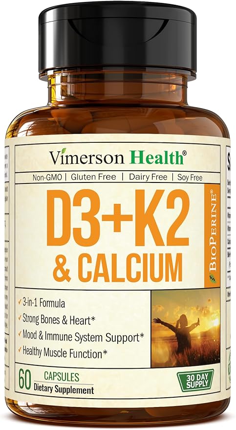 Vitamin D3 K2 & Calcium Supplement with BioPerine for Immune & Bone Health - Vitamin K2 as MK7 + Calcium + Vit D3 5000 IU. 4 in 1 Support for Strong Bones, Teeth and Heart Health. Non-GMO. 60 Capsules