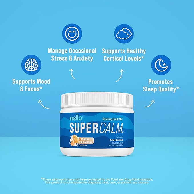 Supercalm Powdered Drink Mix, Orange Creamsicle, L Theanine, Ksm-66 Ashwagandha, Magnesium Glycinate, Vitamin D 3, Supplements for Relaxation & Focus, Natural, No Sugar, Non GMO, 30 Srvgs