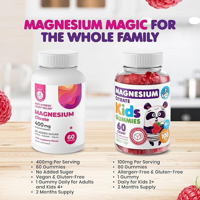 DR. MORITZ Calm Magnesium Gummies for Adults (400mg, 60 Count) and Kids Magnesium Gummies (60 Count) - for Relaxation Support - Sugar-Free & Non-GMO - Raspberry Flavor