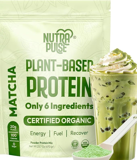 Organic Vegan Protein Powder – Matcha Flavor, Plant-Based, Gluten-Free, Non-GMO, 20g Protein Per Serving, Ideal for Smoothies, Shakes, Baking, Cooking (1 Pack, 20 Servings)