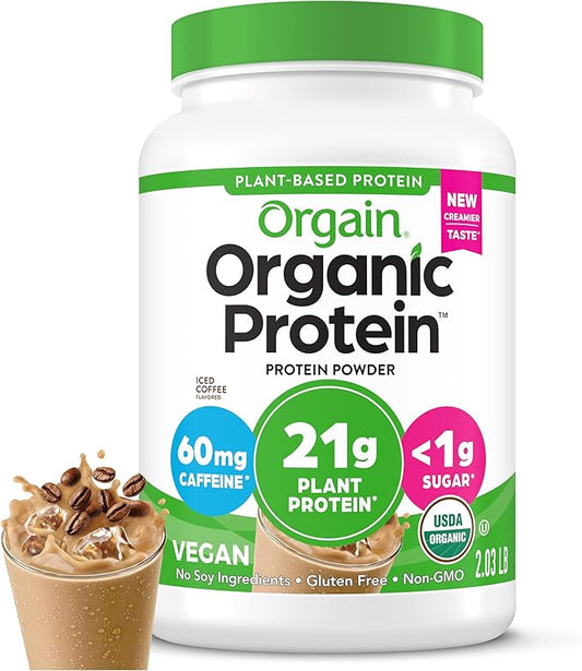 Orgain Organic Vegan Protein Powder, Iced Coffee - 21g Plant Protein, 60mg of Caffeine, Low Net Carb, No Lactose Ingredients, No Added Sugar, Non-GMO, For Shakes & Smoothies, 2.03 lb