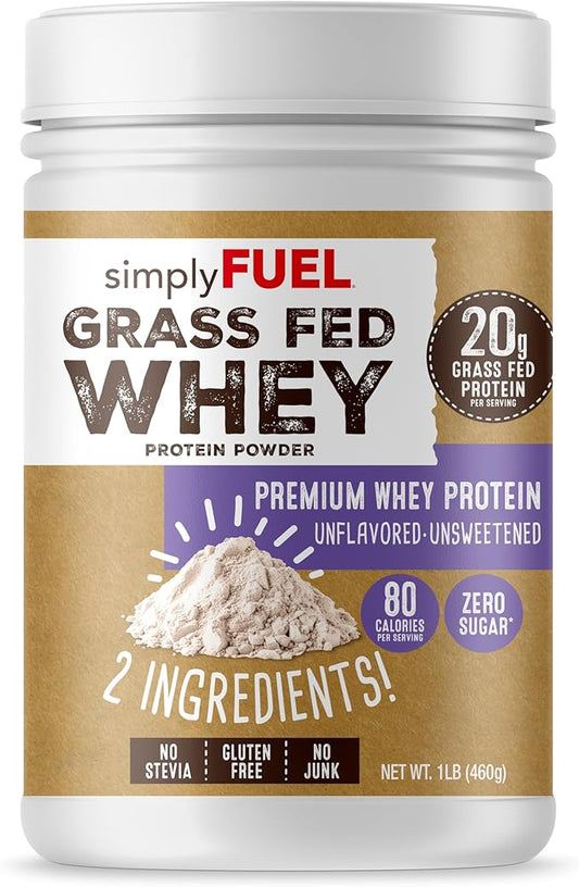 100% Grass Fed Whey Protein Powder - Only 2 Ingredients, Unflavored, Unsweetened, Gluten Free, No Soy, 20g Protein - Zero Sugar, No Carb Clean Protein - Muscle Growth and Recovery 1LBS