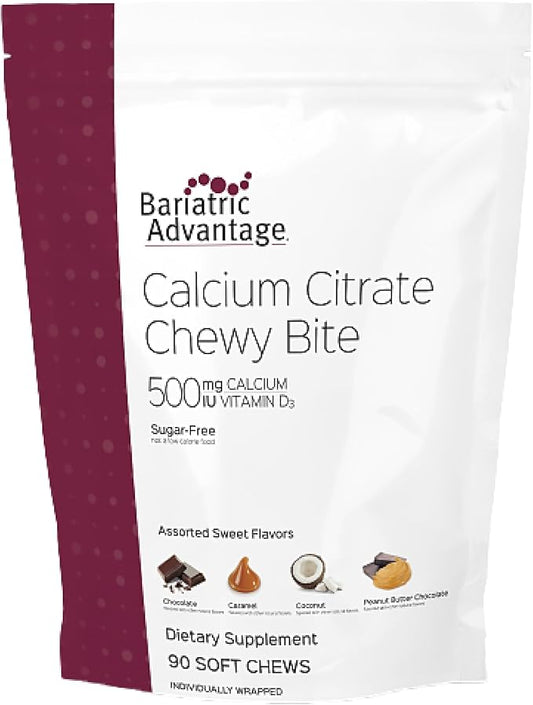 Bariatric Advantage Calcium Citrate Chewy Bites 500mg with Vitamin D3 for Bariatric Surgery Patients Including Gastric Bypass and Sleeve Gastrectomy, Sugar Free - Assorted Sweet Flavor, 90 Count