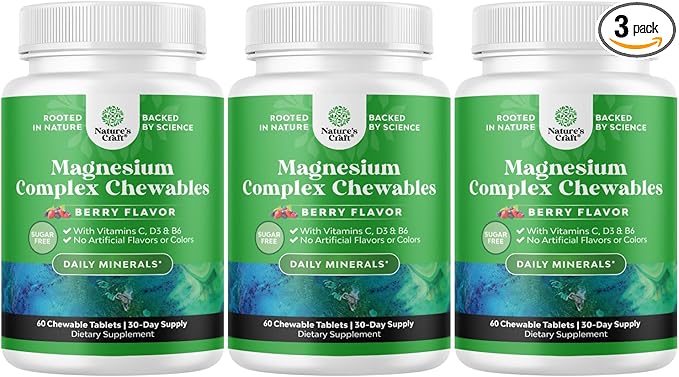 Sugar Free Magnesium Glycinate Chewable - Chewable Magnesium for Adults & Kids with Glycinate Taurate & Citrate Complex Plus Vitamins D3 B6 & C - Vegetarian Non-GMO & No Artificial Flavors (90 Day)