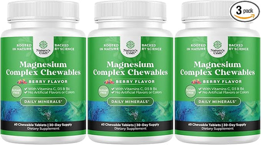 Sugar Free Magnesium Glycinate Chewable - Chewable Magnesium for Adults & Kids with Glycinate Taurate & Citrate Complex Plus Vitamins D3 B6 & C - Vegetarian Non-GMO & No Artificial Flavors (90 Day)